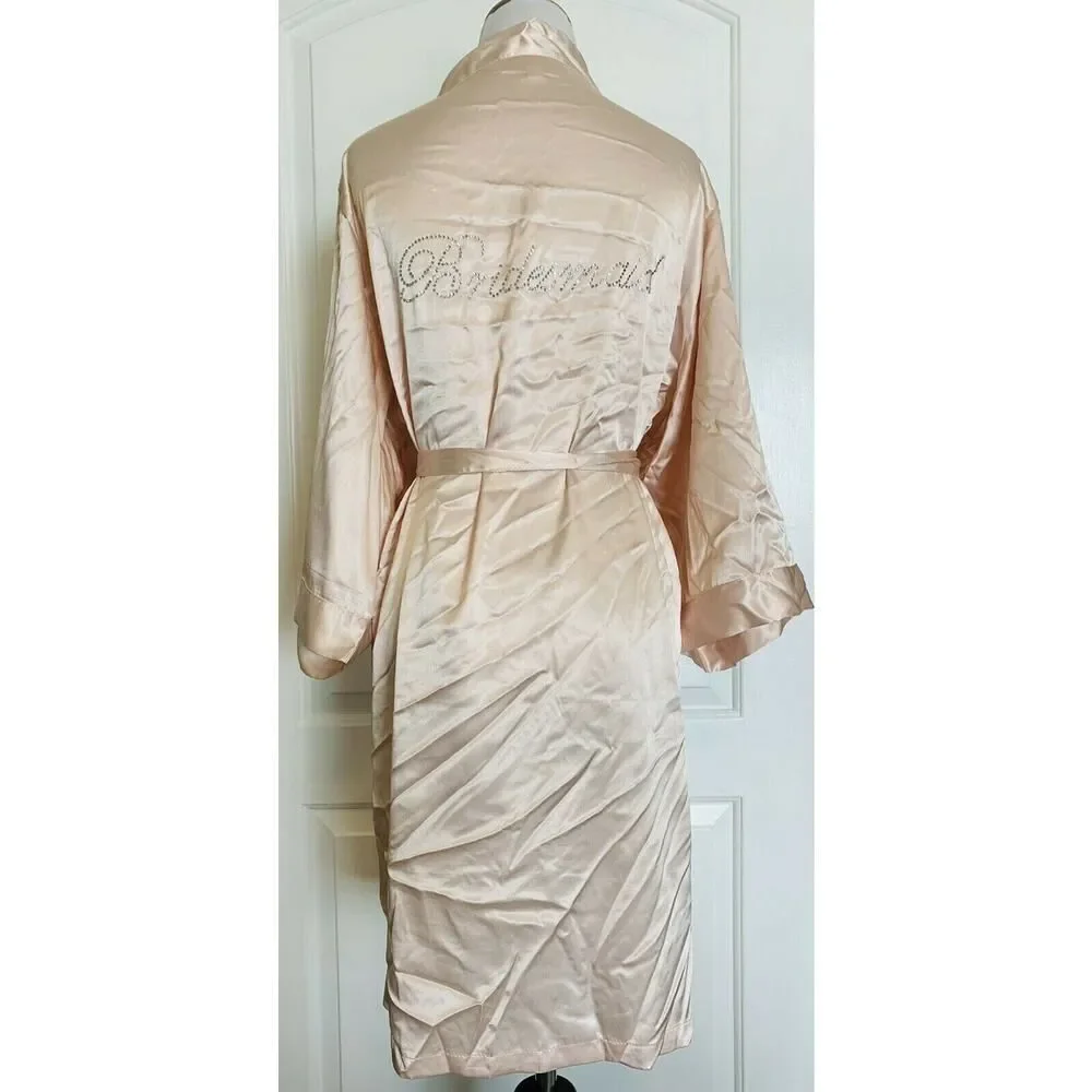 Light Pink Silky Satin Robe Rhinestone Bridesmaid NEW 3/4 Sleeve Wedding L/XL